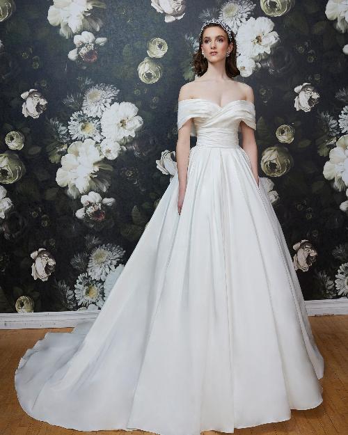 La23255 simple off the shoulder wedding dress with sleeves and pockets1